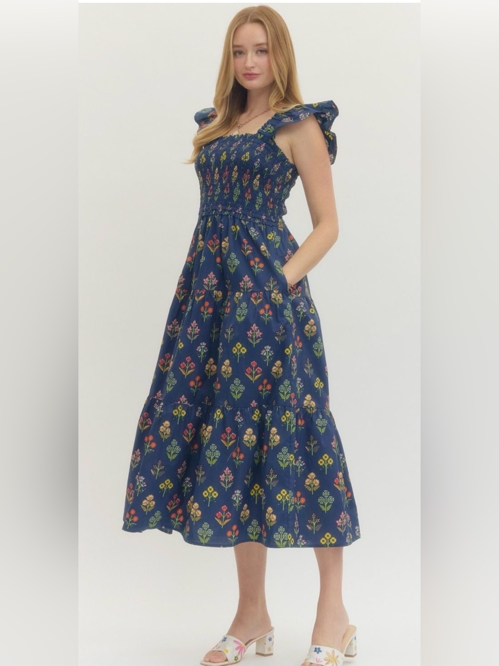 entro Navy Floral Smocked Midi Dress - Picture 3 of 10
